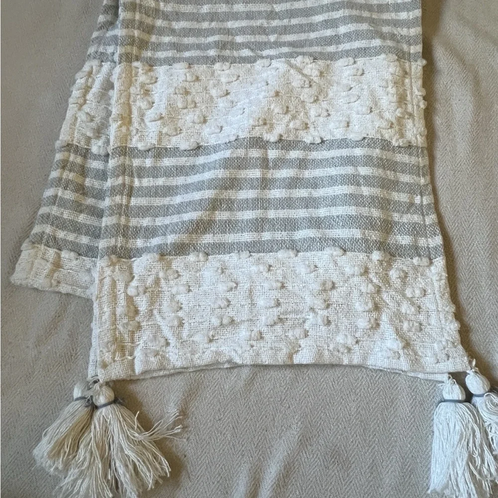 Magaschoni Boho Table Runner White & Gray Textured Stripe with Tassels 92